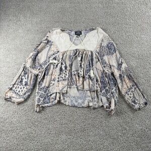 Angie Blouse Womens Medium Multicolor Floral Boho Tunic Top Balloon Sleeve